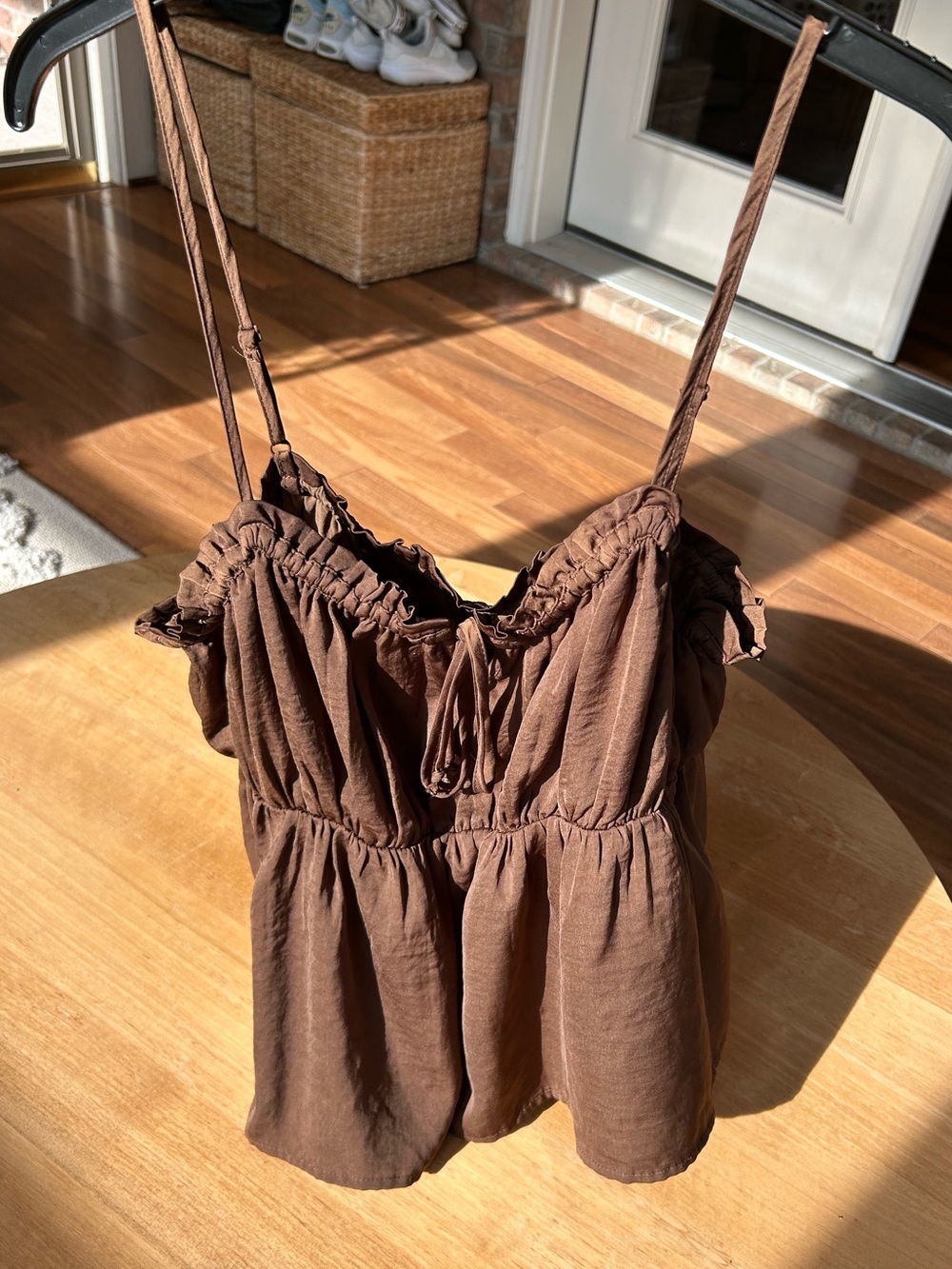 American Eagle Brown Ruffle Cami Tank with Tie Front